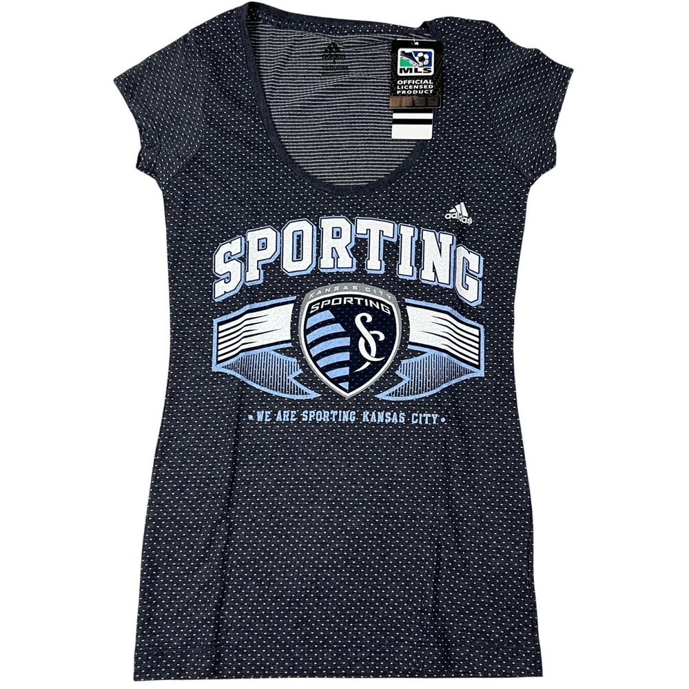 Adidas Sporting‎ Kansas City MLS Womens Small Navy Blue Polka Dot Shirt